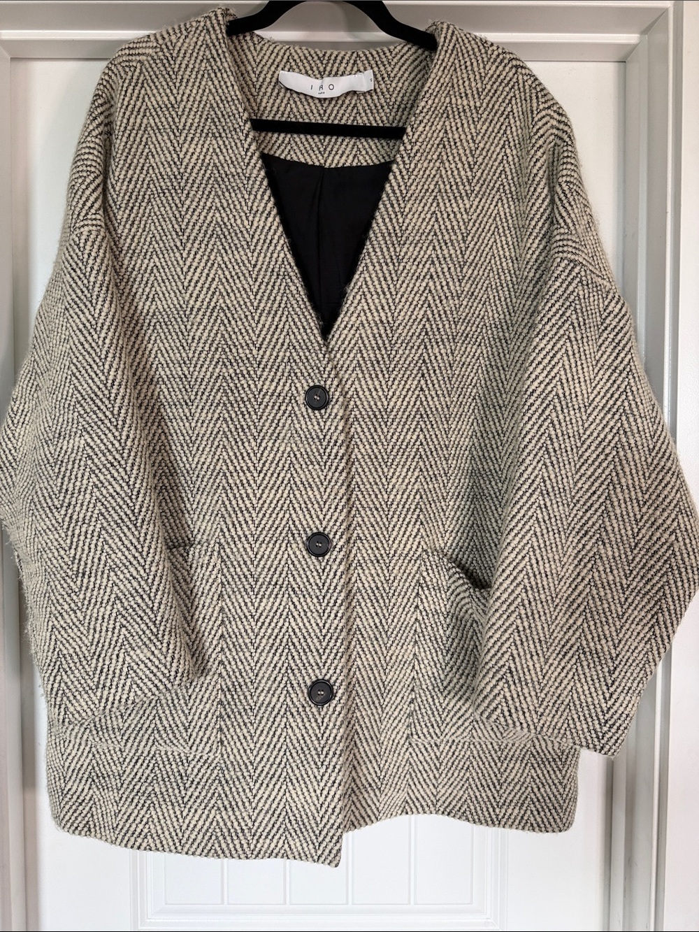 IRO Paris Oversized Chevron Tweed Wool Coat Jacket Size 40 Sparkly Metallic